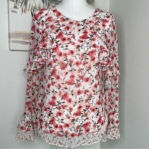 WHITE HOUSE BLACK MARKET Pink Calico Floral Print Ruffle Blouse | Size 2